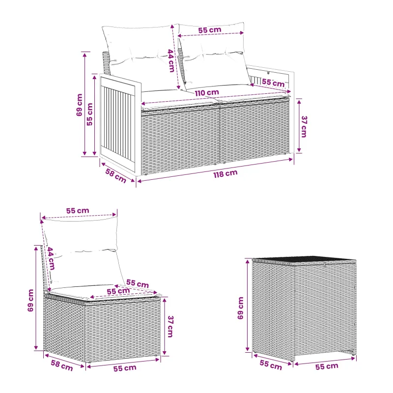 Sofos komplektas 7 pcs Juoda Poli ratanas ir plienas