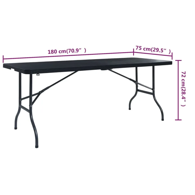 Sulankstettava puutarhapöytä, musta, 180x75x72 cm, HDPE
