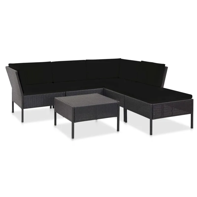 Sodo poilsio komplekti, 6 osaa, musta, rattan-tyylinen, tyynyt mukana
