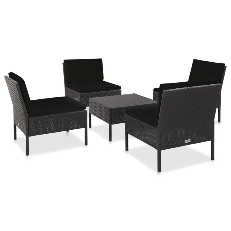 Sodo sofos kompletti, 5 osaa, juoda, rattan materiaalilla, mukaan lukien pehmusteet