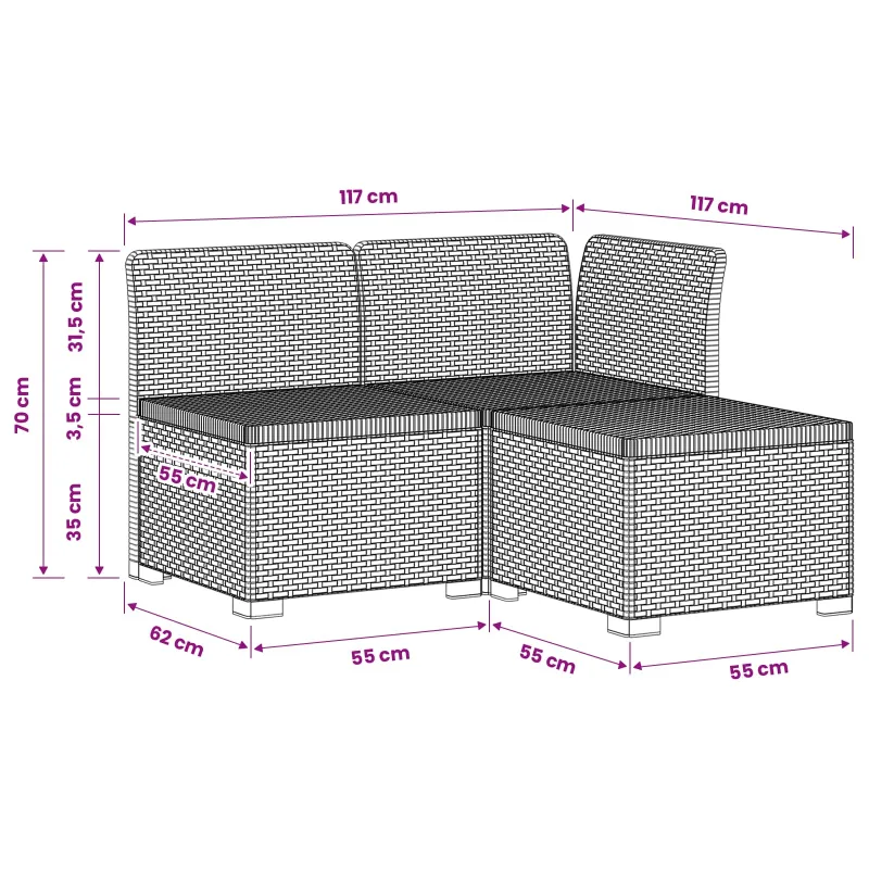 3- vietis Sodas Sofas Ratanas PP Antracito