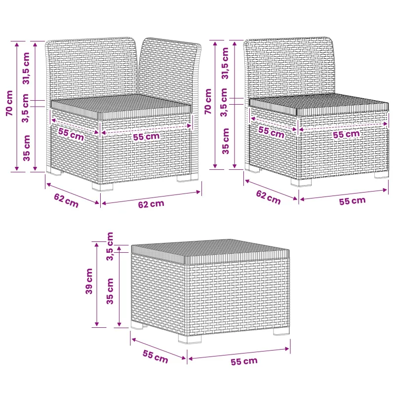 3- vietis Sodas Sofas Ratanas PP Ruda