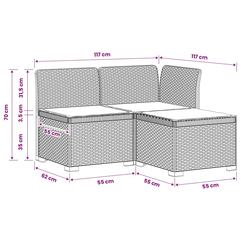 3-vietė sodo sofa su pagalvėlėmis, Rattan išvaizda PP Balta