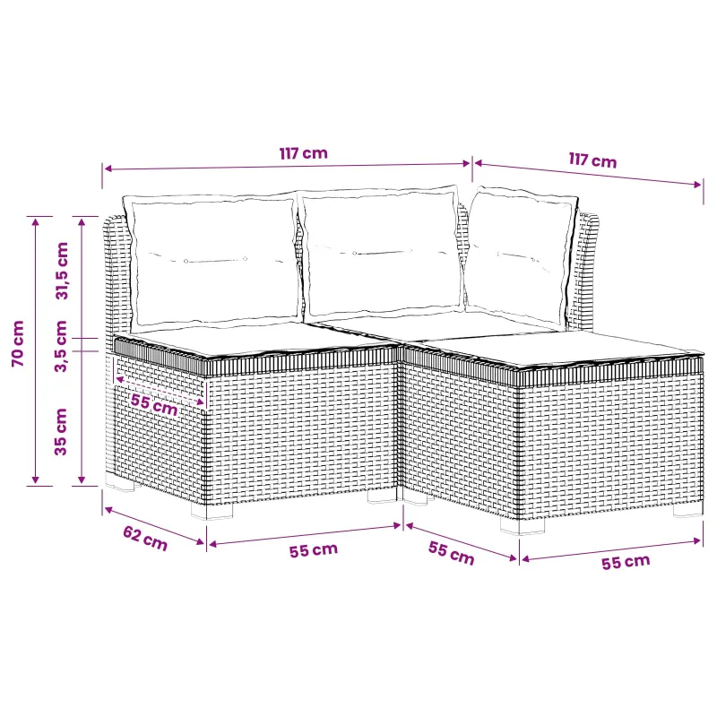 3-vietė sodo sofa su pagalvėlėmis, Rattan išvaizda PP Balta