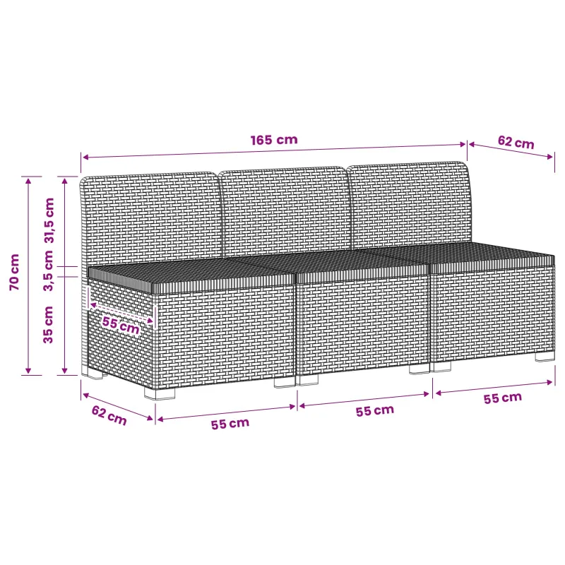 3- vietis Sodas Sofas Ratanas PP Ruda