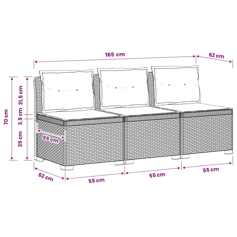 3-vietė sodo sofa su pagalvėlėmis, Rattan išvaizda PP Balta