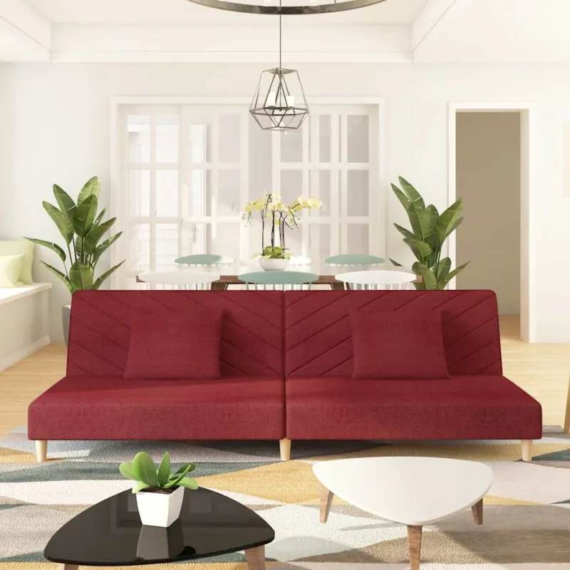 Dvivietė sofa-lova su dvejomis pagalvėmis, vyno, audinys