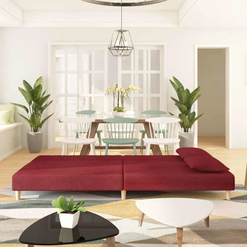 Dvivietė sofa-lova su dvejomis pagalvėmis, vyno, audinys