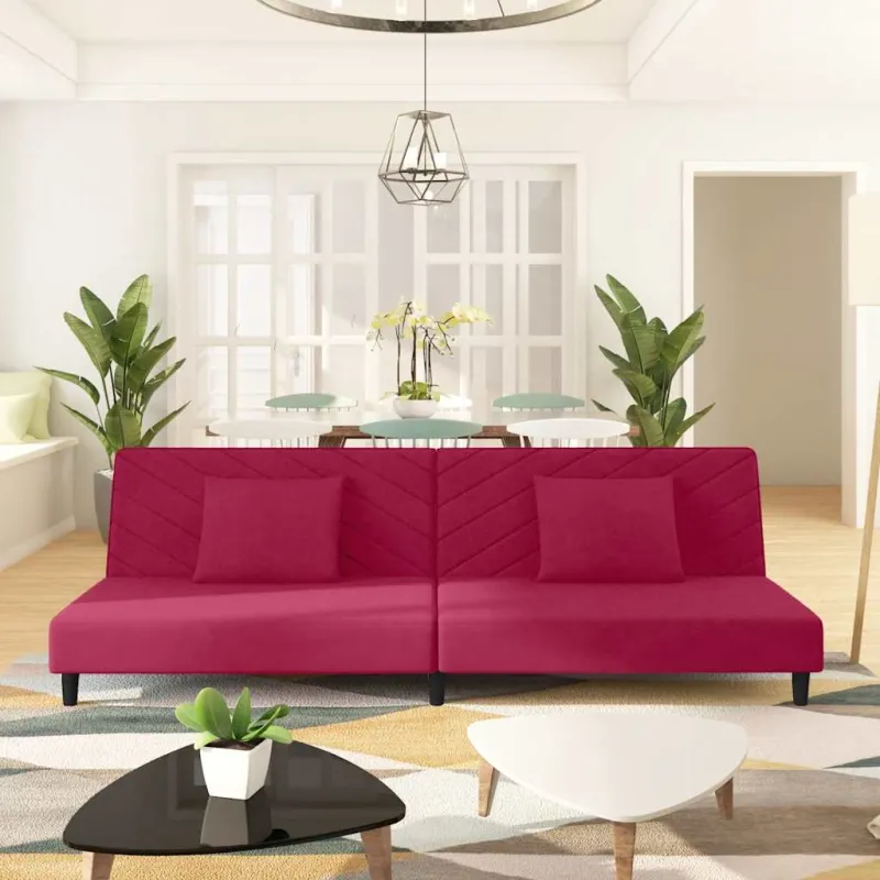 Dvivietė sofa-lova su dvejomis pagalvėmis, vyno, aksomas