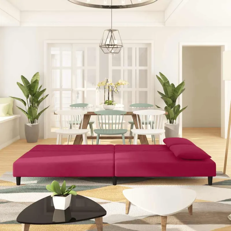Dvivietė sofa-lova su dvejomis pagalvėmis, vyno, aksomas