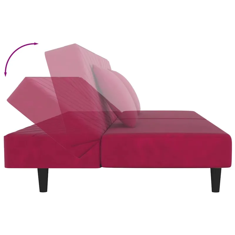 Dvivietė sofa-lova su dvejomis pagalvėmis, vyno, aksomas