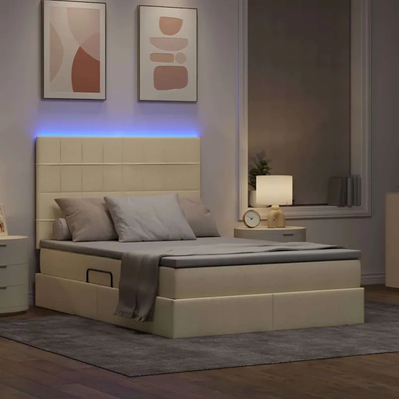 LED saugojimo lova su čiužiniu Kremas 140 x 190 cm Audinys