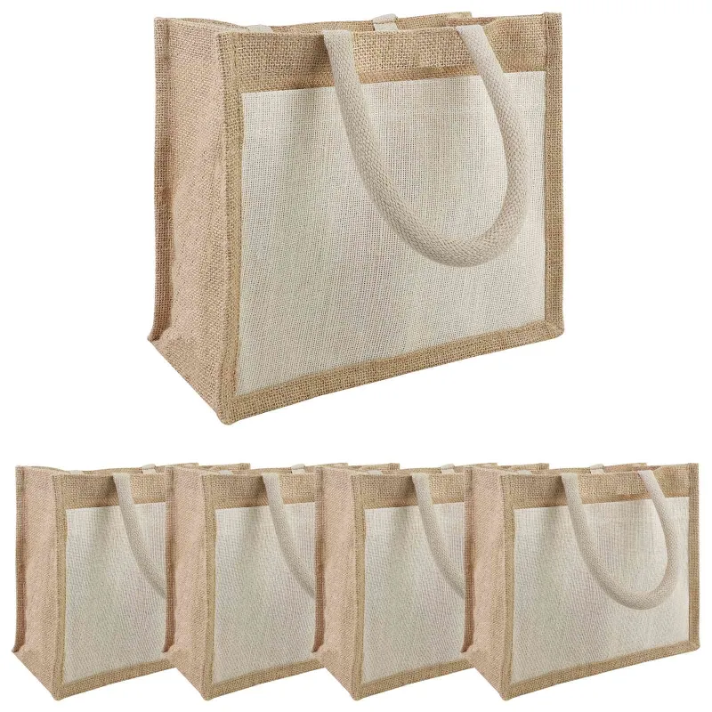 Džiuto rankinės su kišene 5 Natūrali ir Balta 26 x 22 x 14 cm