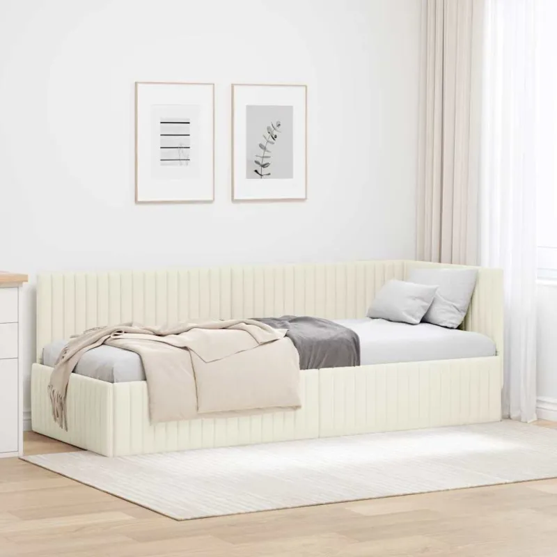 Kampinė lovos konstrukcija Kreminė 80 cm x 200 cm Aksomas