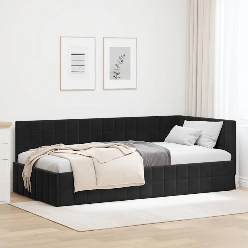 Kampinė lovos konstrukcija Juoda 90 cm x 190 cm Aksomas
