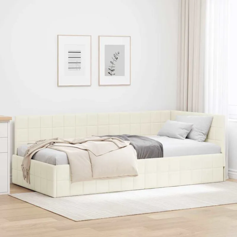 Kampinė lovos konstrukcija Kreminė 90 cm x 200 cm Aksomas
