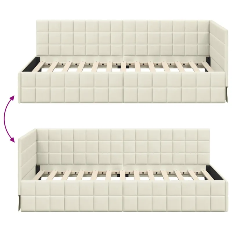 Kampinė lovos konstrukcija Kreminė 90 cm x 200 cm Aksomas