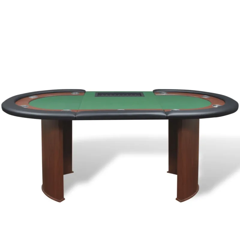 10 žaid. pokerio stalas su dalintojo vieta, žetonų dėže, žalias