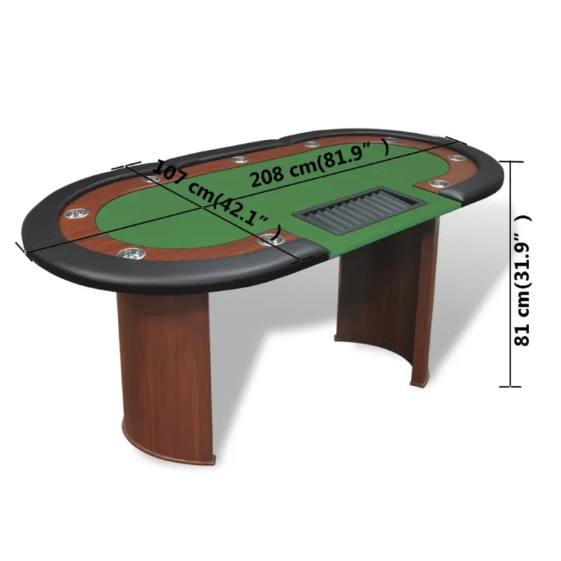 10 žaid. pokerio stalas su dalintojo vieta, žetonų dėže, žalias
