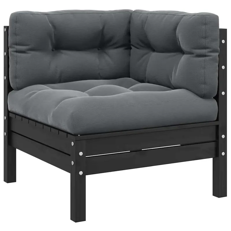 Kampinė sodo sofa su pagalvėlėmis, juoda, pušies masyvas