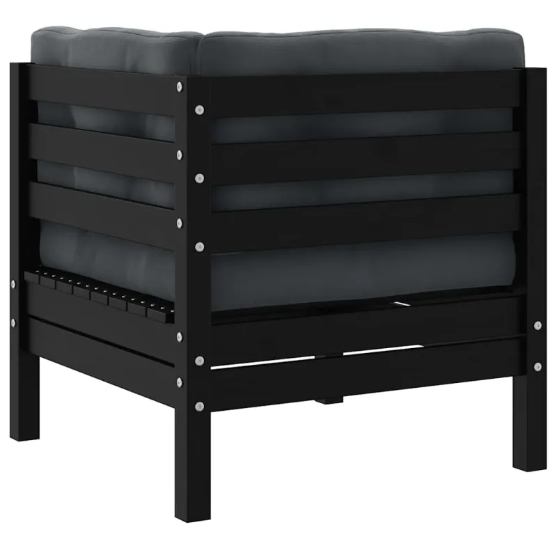 Kampinė sodo sofa su pagalvėlėmis, juoda, pušies masyvas