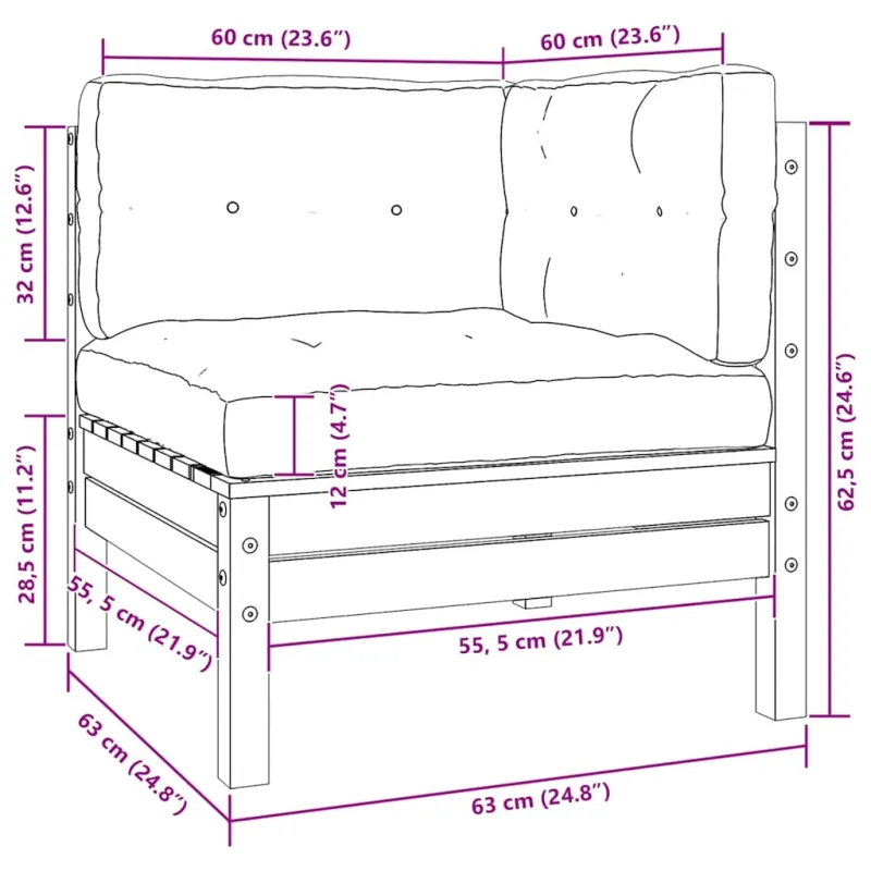 Kampinė sodo sofa su pagalvėlėmis, juoda, pušies masyvas