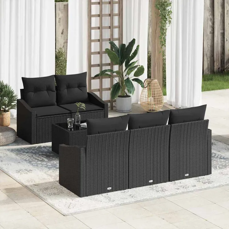 Sofos komplektas su pagalve su pagalve 6 pcs Juoda poliratanas