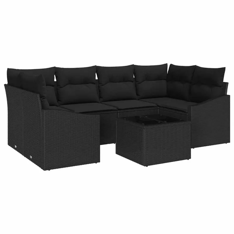 Sofos komplektas su pagalve su pagalve 7 pcs Juoda poliratanas