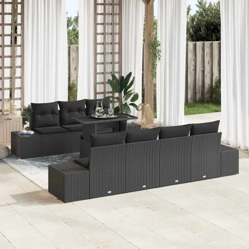 Sofos komplektas su pagalve 8 pcs Juoda poliratanas