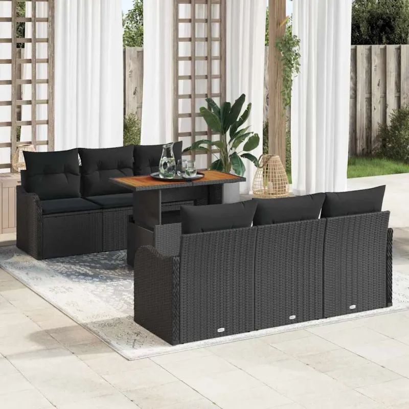 Sodo Sofų Rinkinys su pagalve 7 pcs Juoda poliratanas