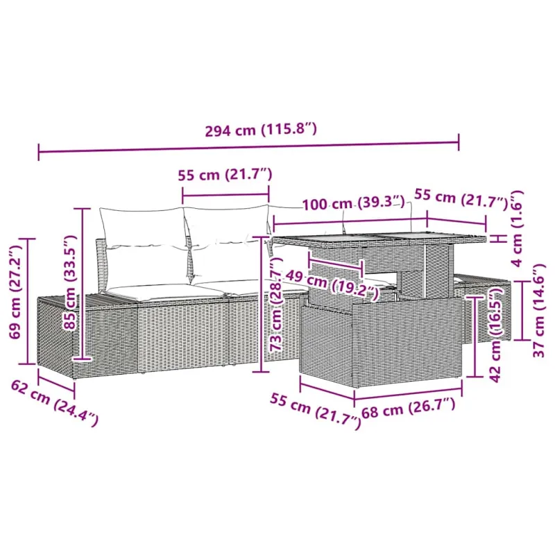 Sodo valgomojo komplektas su pagalve 5 pcs Juoda ir Ruda