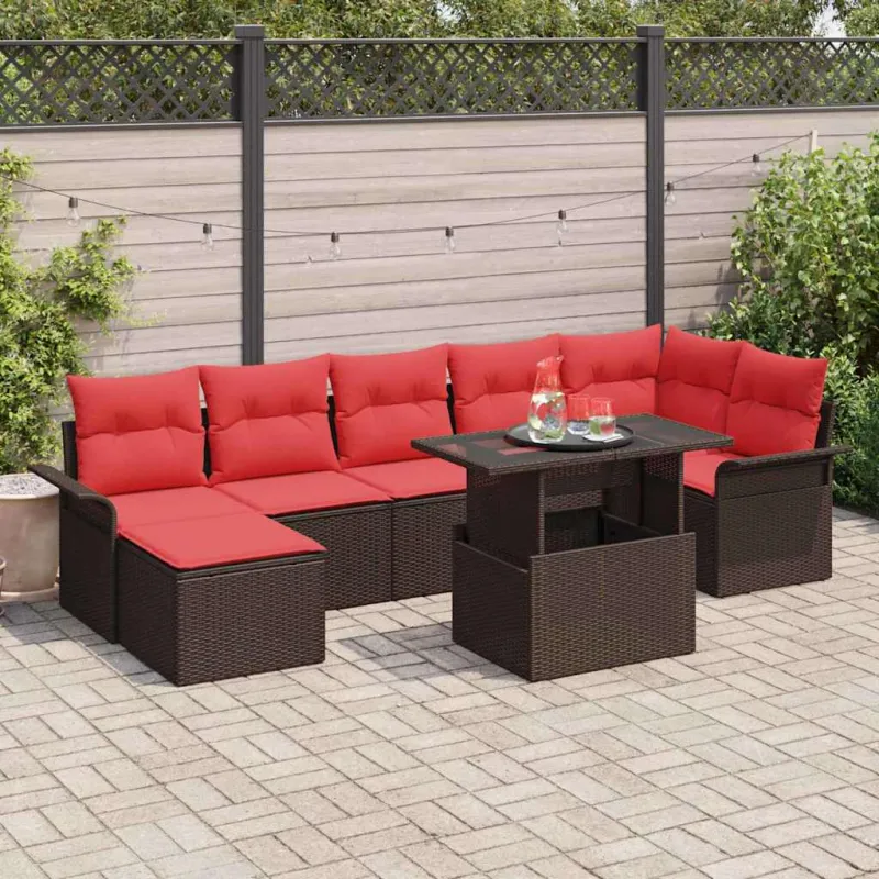 Sodo Sofų Rinkinys su pagalve 8 pcs Ruda Poli ratanas