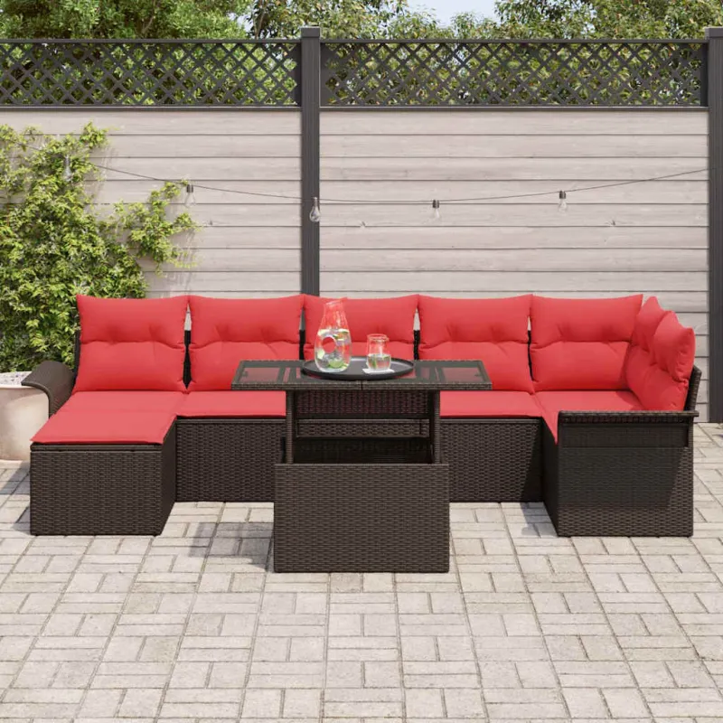 Sodo Sofų Rinkinys su pagalve 8 pcs Ruda Poli ratanas