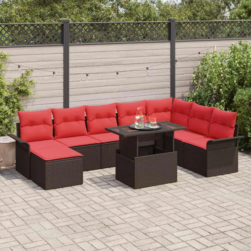 Sodo Sofų Rinkinys su pagalve 9 pcs Ruda Poli ratanas