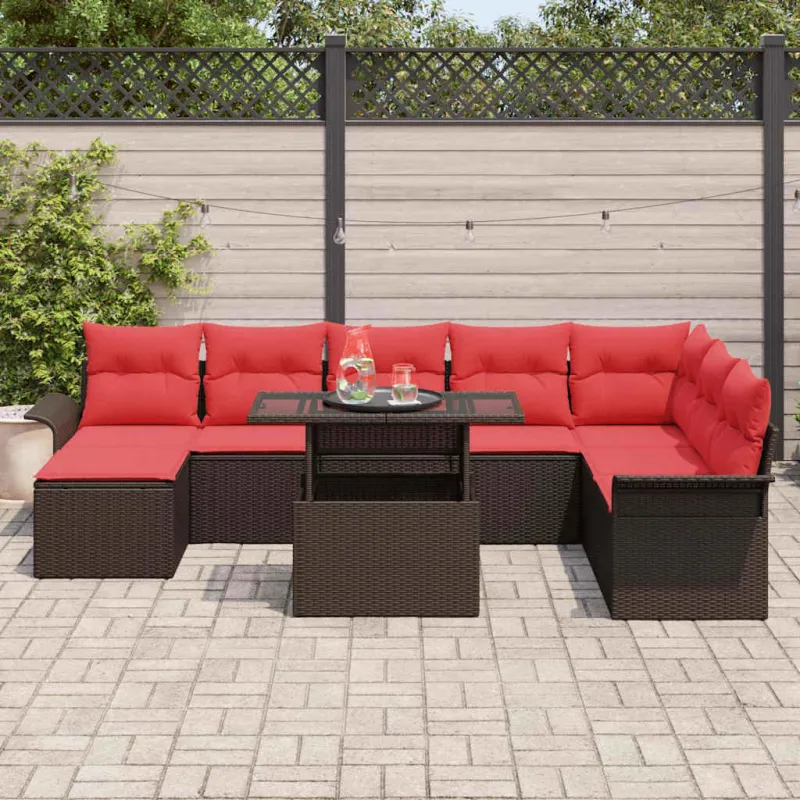 Sodo Sofų Rinkinys su pagalve 9 pcs Ruda Poli ratanas