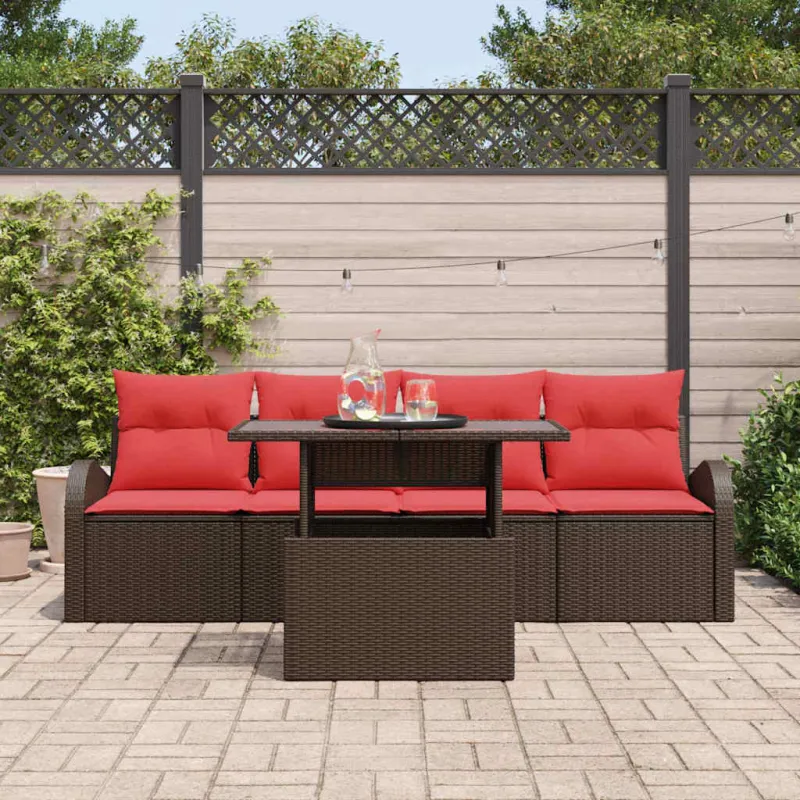 Sodo Sofų Rinkinys su pagalve 5 pcs Ruda Poli ratanas
