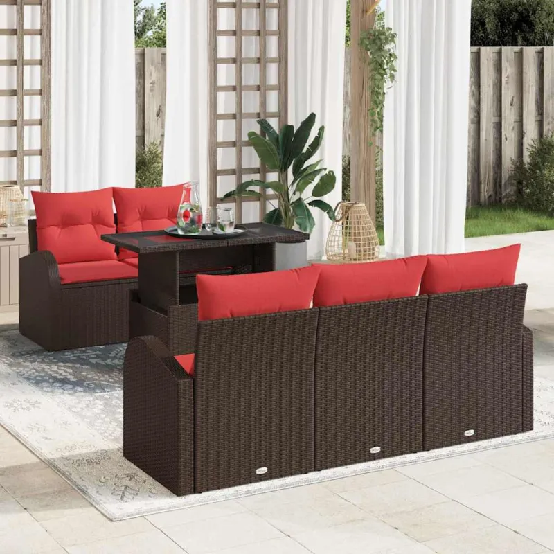 Sodo Sofų Rinkinys su pagalve 6 pcs Ruda Poli ratanas