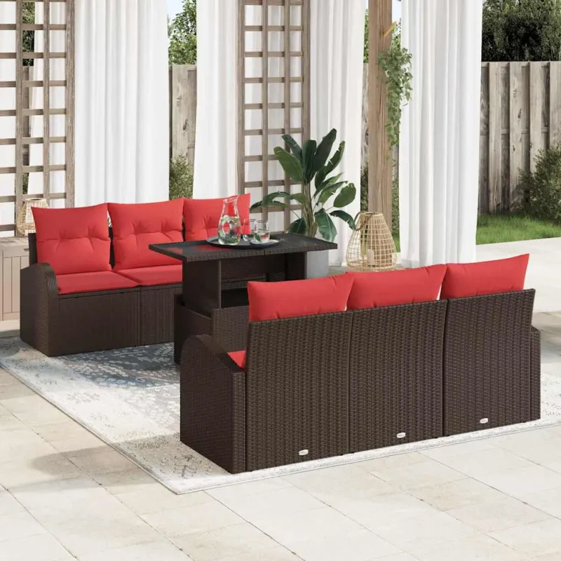 Sodo Sofų Rinkinys su pagalve 7 pcs Ruda Poli ratanas