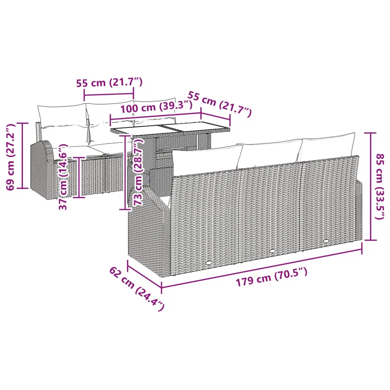 Sodo Sofų Rinkinys su pagalve 7 pcs Ruda Poli ratanas