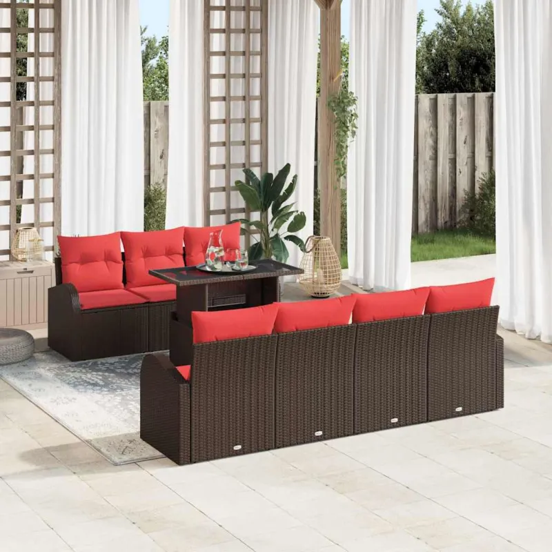 Sodo Sofų Rinkinys su pagalve 8 pcs Ruda Poli ratanas