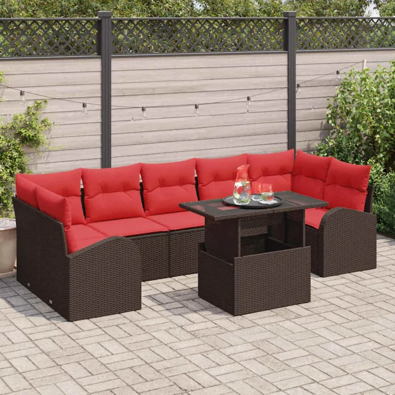 Sodo Sofų Rinkinys su pagalve 8 pcs Ruda Poli ratanas