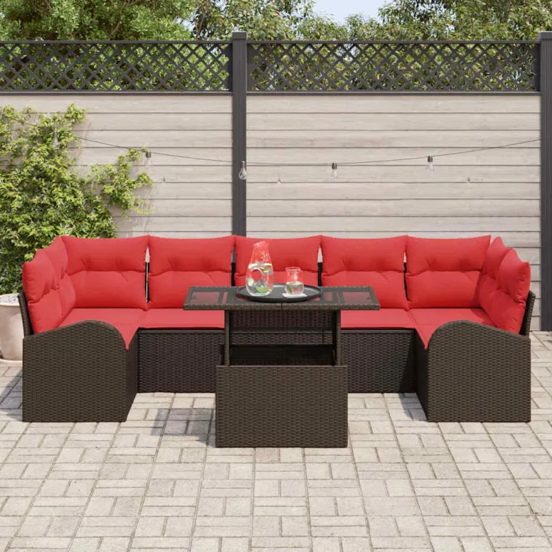 Sodo Sofų Rinkinys su pagalve 8 pcs Ruda Poli ratanas