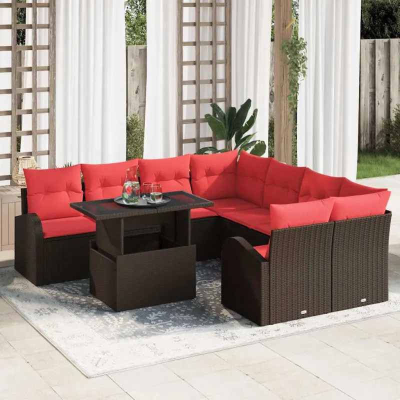 Sodo Sofų Rinkinys su pagalve 9 pcs Ruda Poli ratanas