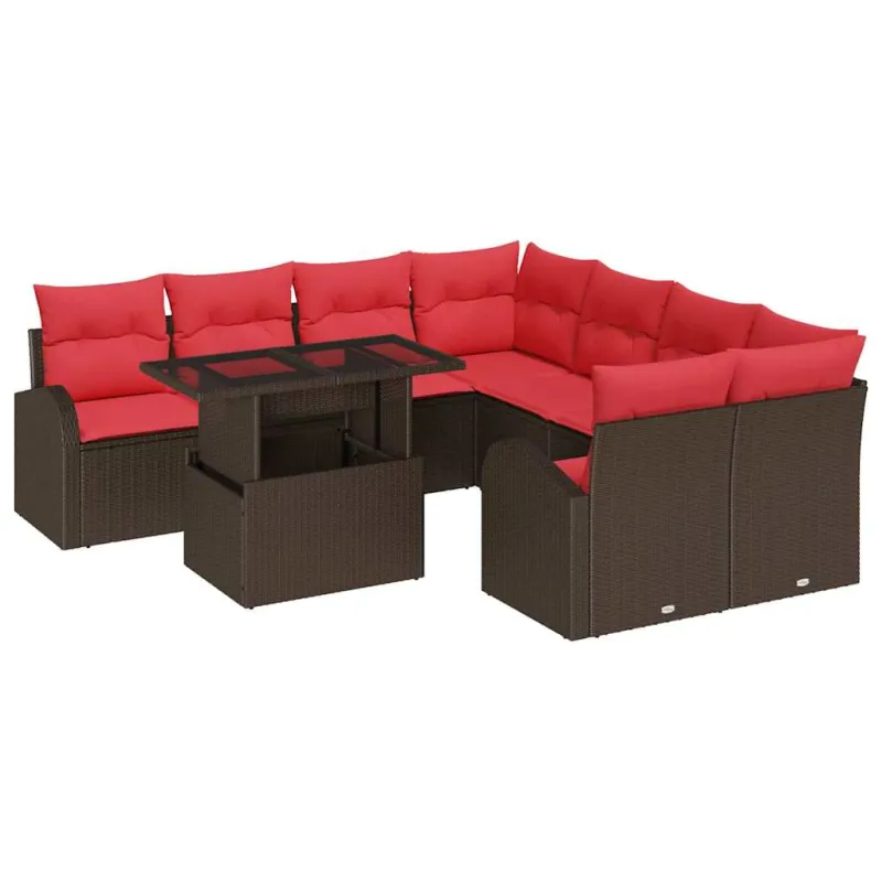 Sodo Sofų Rinkinys su pagalve 9 pcs Ruda Poli ratanas