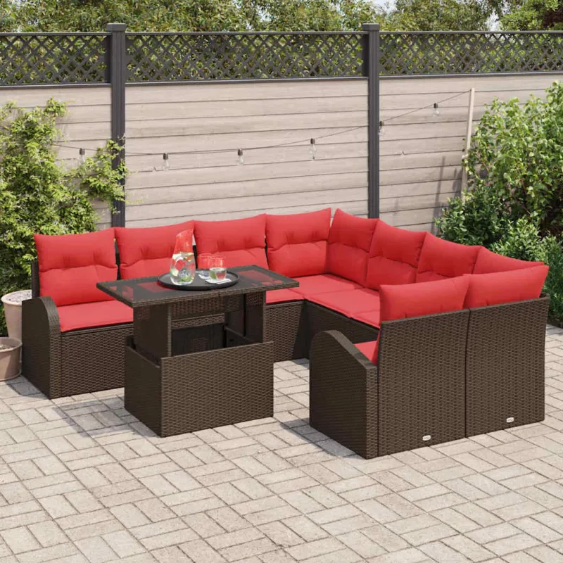 Sodo Sofų Rinkinys su pagalve 9 pcs Ruda Poli ratanas