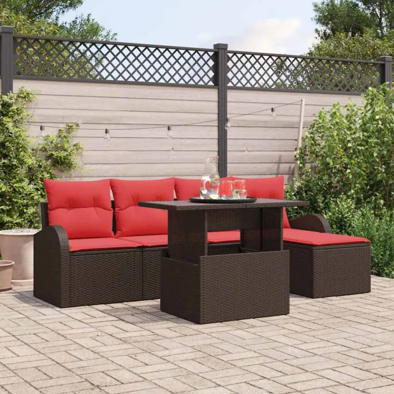 Sodo Sofų Rinkinys su pagalve 6 pcs Ruda Poli ratanas