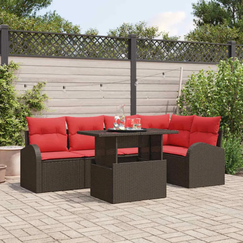 Sodo Sofų Rinkinys su pagalve 6 pcs Ruda Poli ratanas
