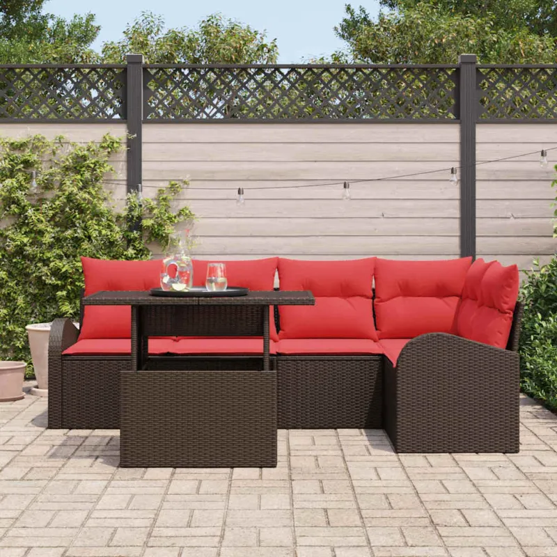 Sodo Sofų Rinkinys su pagalve 6 pcs Ruda Poli ratanas