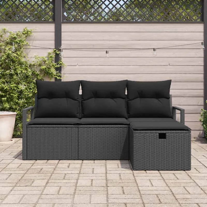 Sofos komplektas su pagalve su saugykla 4 pcs Juoda poliratanas