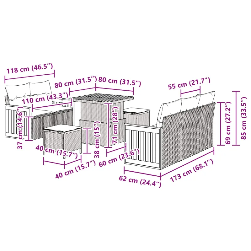 Sodo Sofų Rinkinys su pagalve 8 pcs Juoda